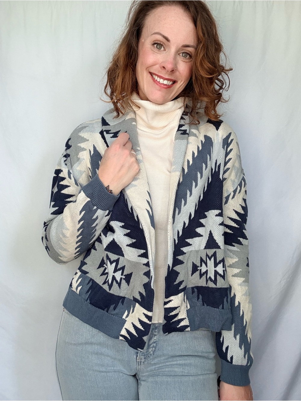 Lucky Brand Heathered Navy and Cream Knit Sweater